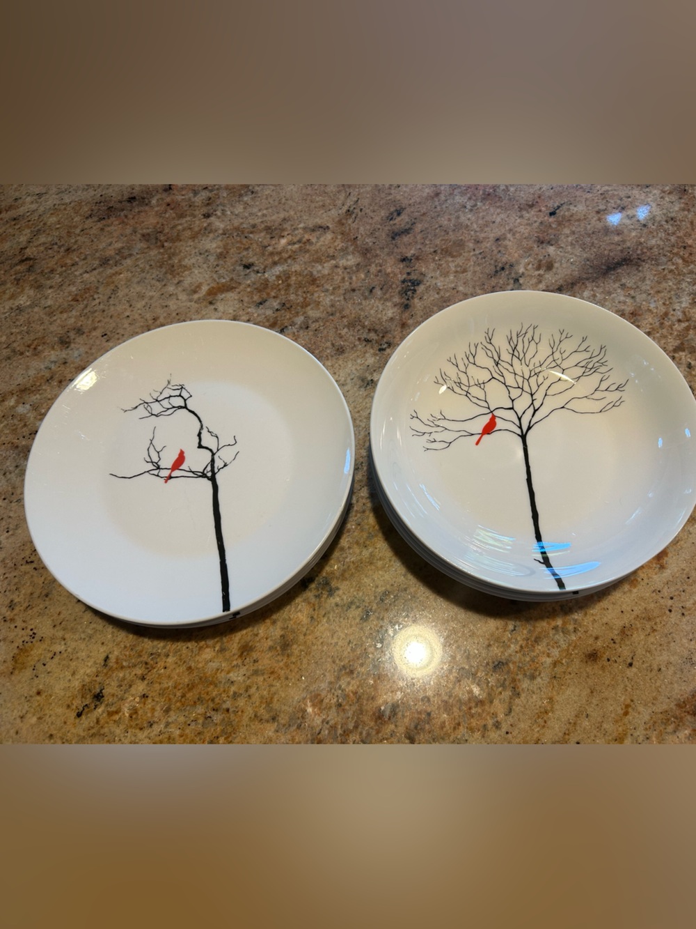 Melange Porcelain “Birds in Forest” Dinnerware. (4) Soup Bowls (4) Salad Plates.